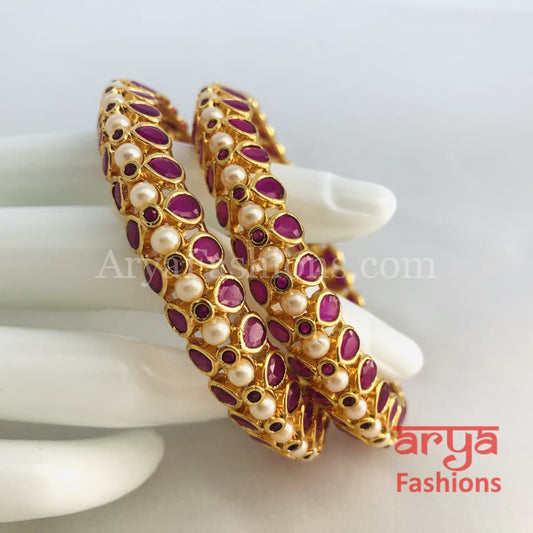 2.8 Ruby Kundan Kada Bangles with Pearls Pair of 2