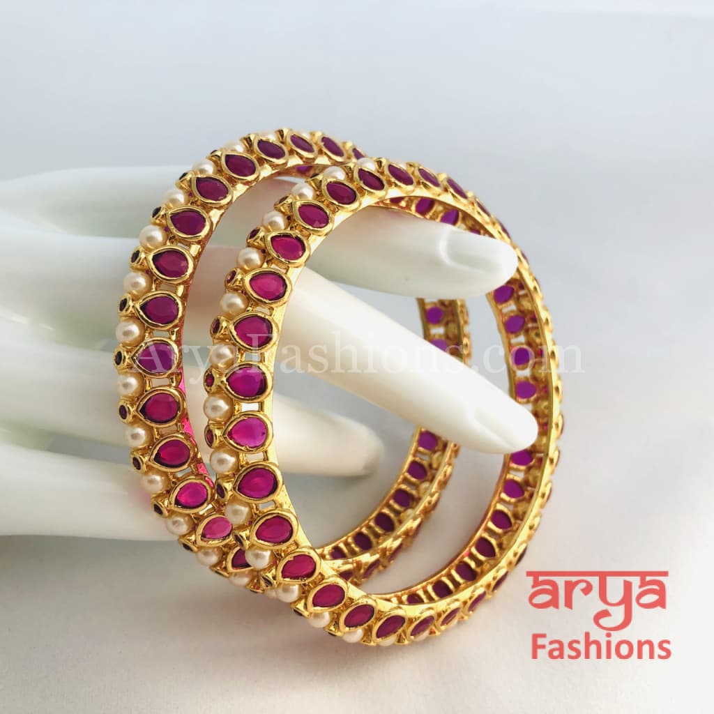 2.8 Ruby Kundan Kada Bangles with Pearls Pair of 2