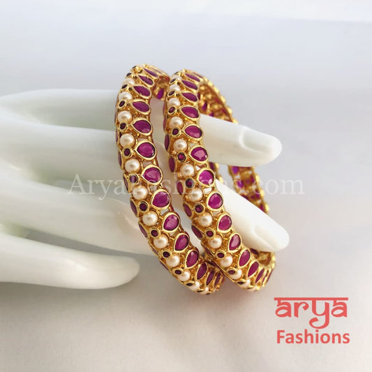 2.8 Ruby Kundan Kada Bangles with Pearls Pair of 2