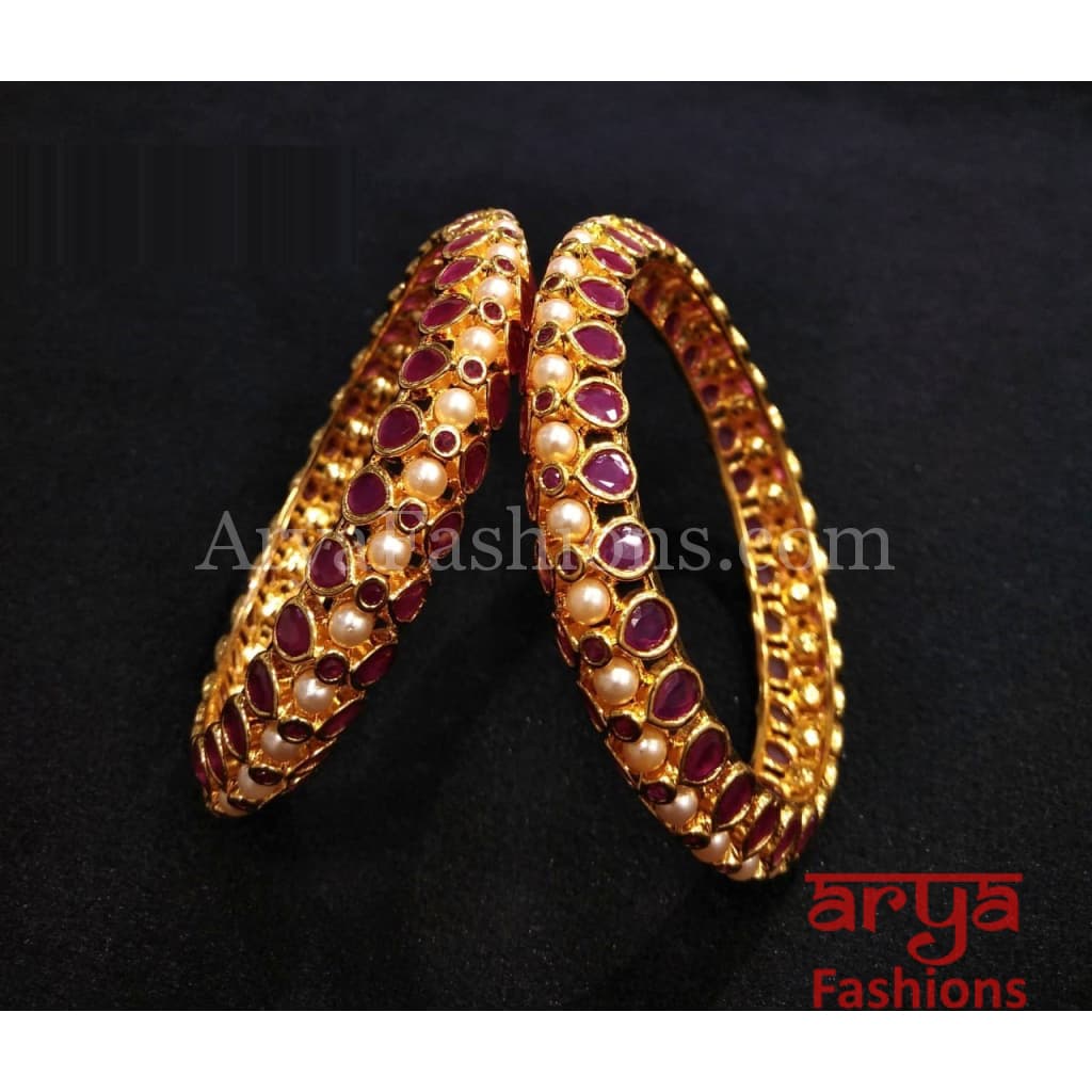2.8 Ruby Kundan Kada Bangles with Pearls Pair of 2
