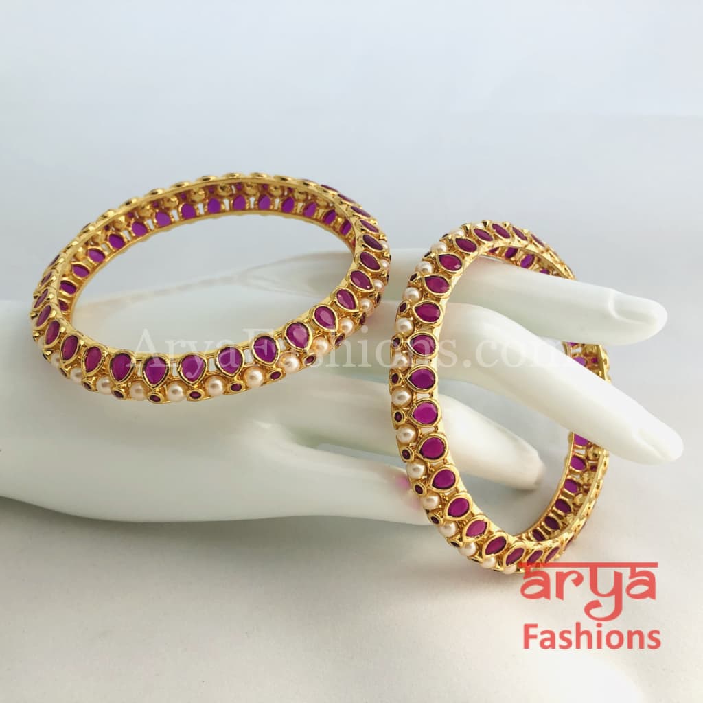 2.8 Ruby Kundan Kada Bangles with Pearls Pair of 2