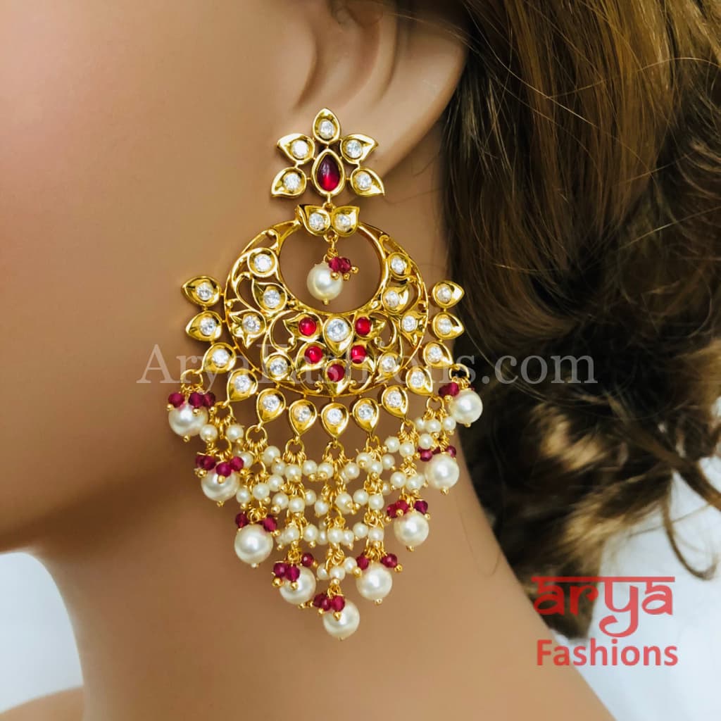Anaira Red Pacchi Kundan Chandbali with Pearl Beads