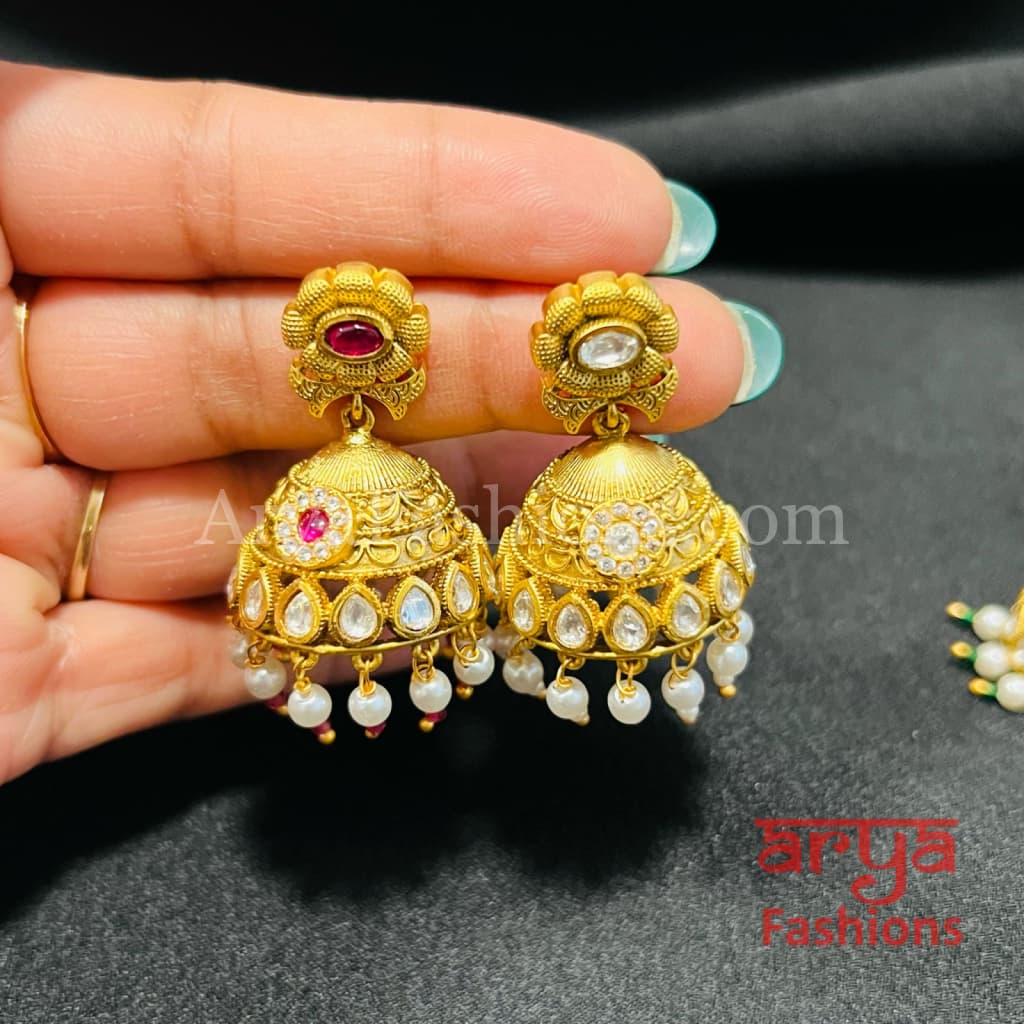 Antique Green Pink Golden Pearl Jhumka