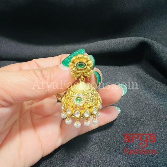 Antique Green Pink Golden Pearl Jhumka