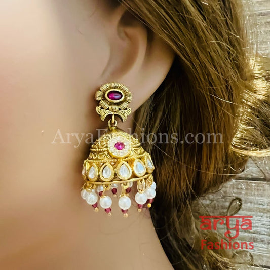 Antique Green Pink Golden Pearl Jhumka
