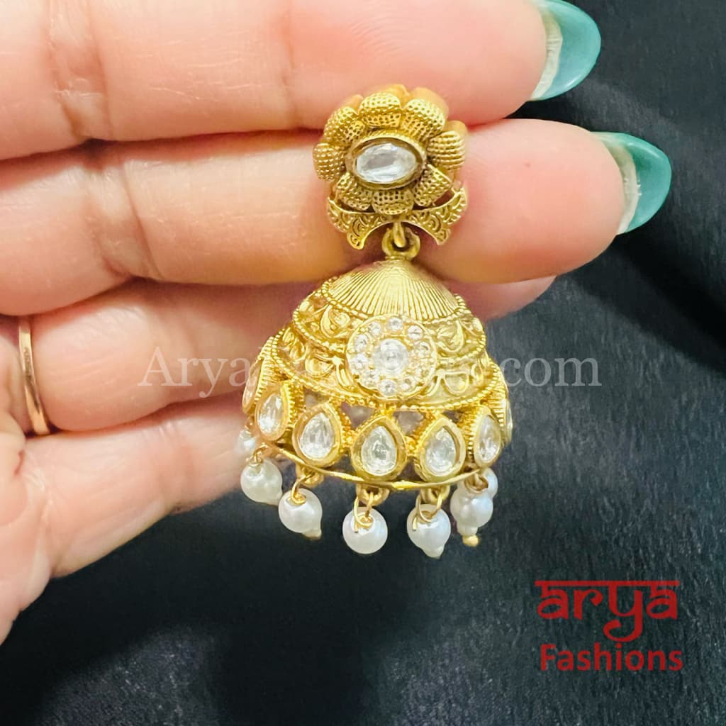 Antique Green Pink Golden Pearl Jhumka