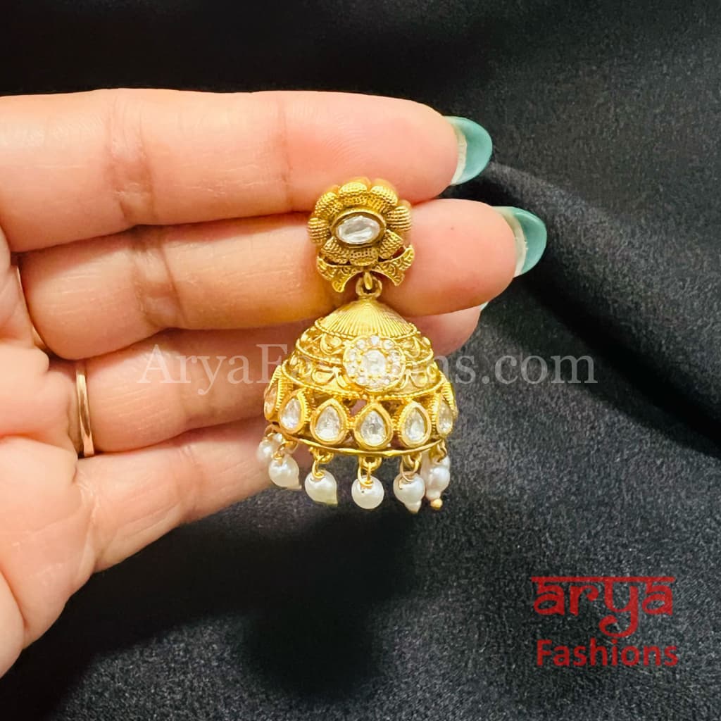 Antique Green Pink Golden Pearl Jhumka