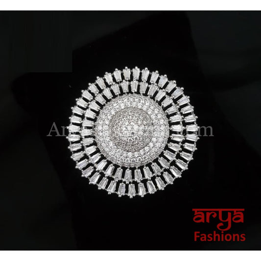 Beautiful CZ Cubic Zirconia Flower Silver Statement Ring