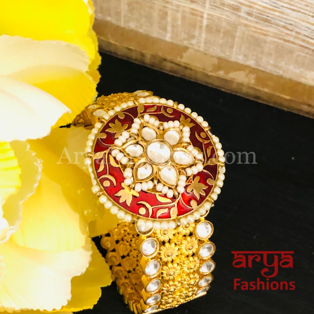 Beautiful Red Meenakari Kundan Openable Bracelet with Pearls