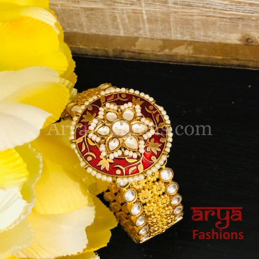Beautiful Red Meenakari Kundan Openable Bracelet with Pearls