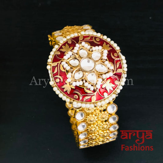 Beautiful Red Meenakari Kundan Openable Bracelet with Pearls