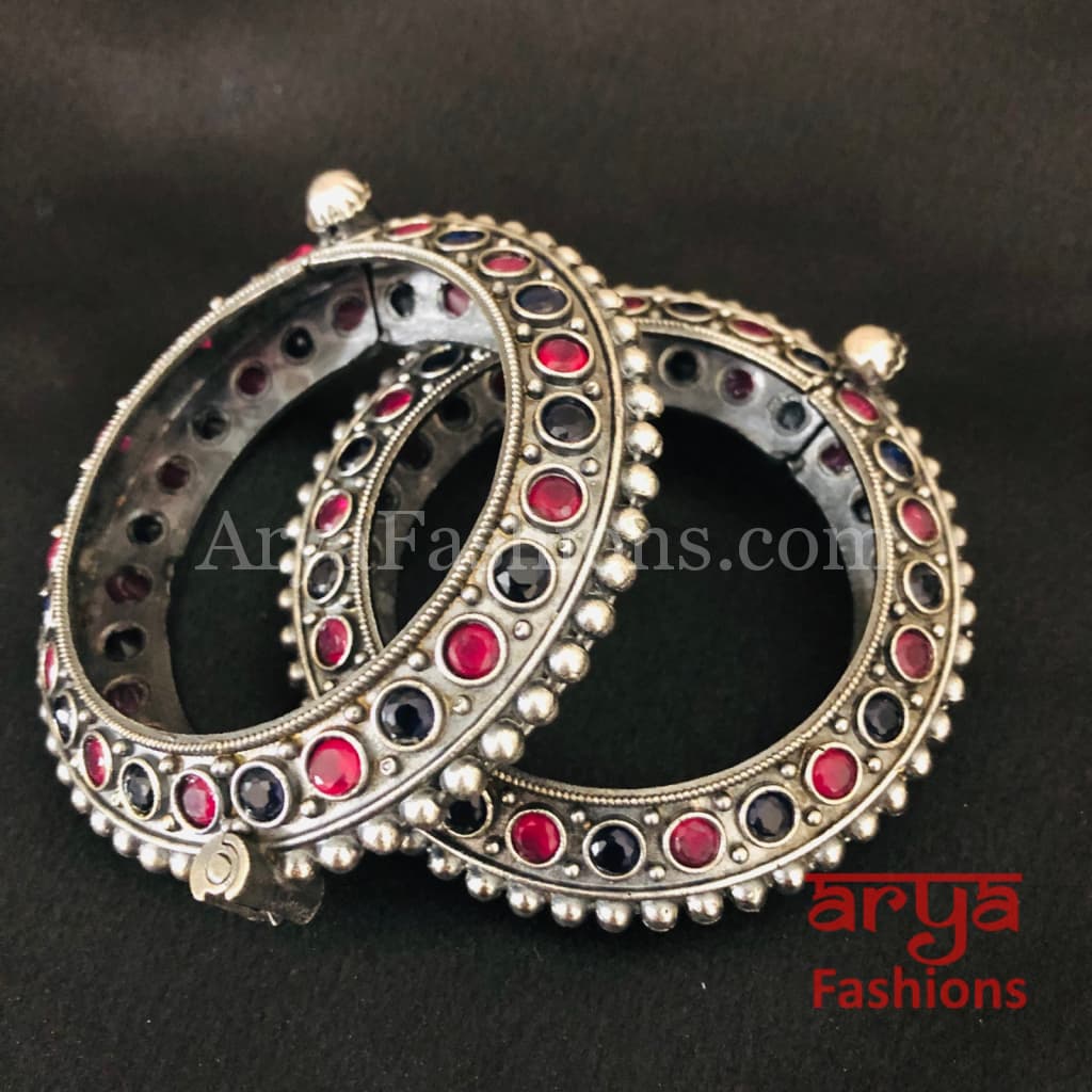 Red Blue Ethnic Silver Oxidized Bracelet/ Bracelet /Size 2.4 2.6