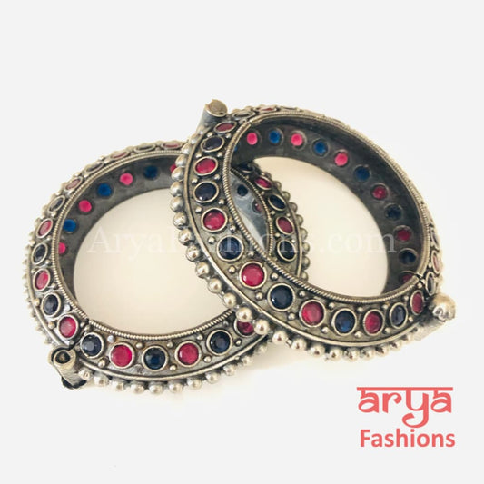 Red Blue Ethnic Silver Oxidized Bracelet/ Bracelet /Size 2.4 2.6