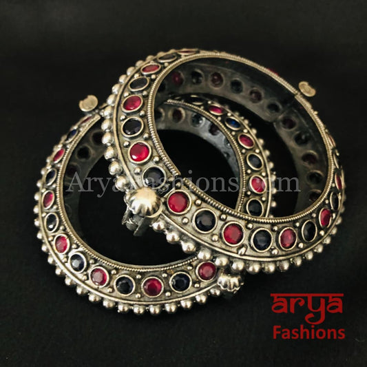 Red Blue Ethnic Silver Oxidized Bracelet/ Bracelet /Size 2.4 2.6