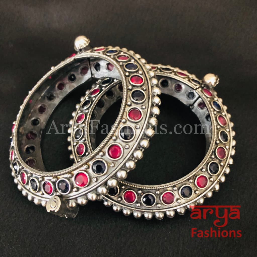Red Blue Ethnic Silver Oxidized Bracelet/ Bracelet /Size 2.4 2.6
