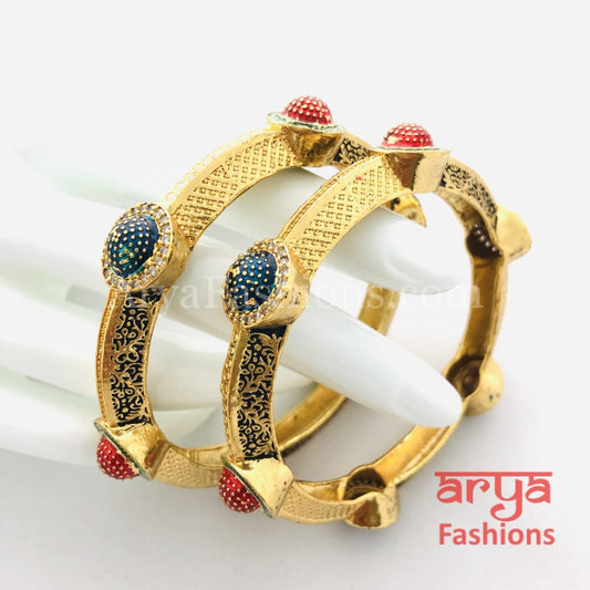 Blue Meenakari Bangles with CZ and Ruby Stones