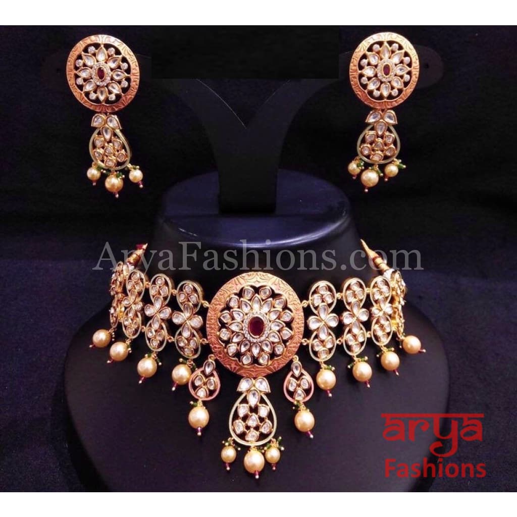 Bridal Pearl Kundan Choker Necklace in Geru Meenakari India Wedding Jewelry