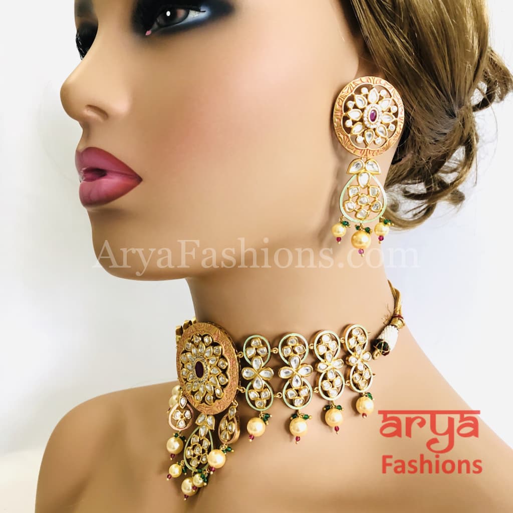 Bridal Pearl Kundan Choker Necklace in Geru Meenakari India Wedding Jewelry