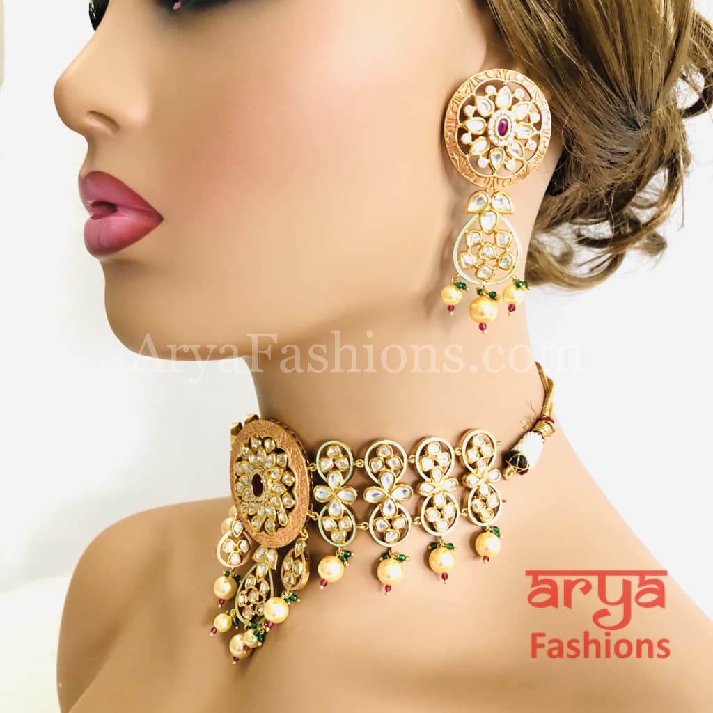Bridal Pearl Kundan Choker Necklace in Geru Meenakari India Wedding Jewelry