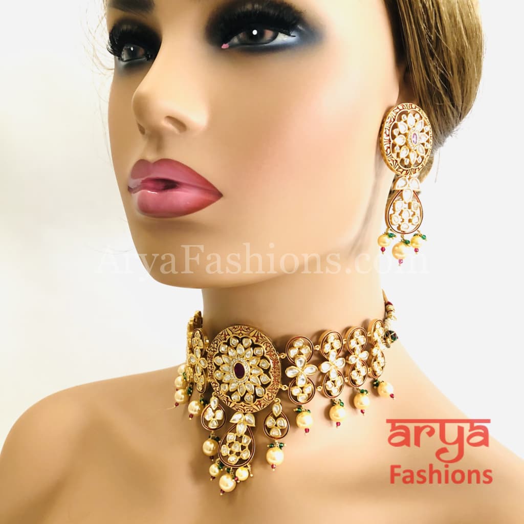 Bridal Pearl Kundan Choker Necklace in Geru Meenakari India Wedding Jewelry