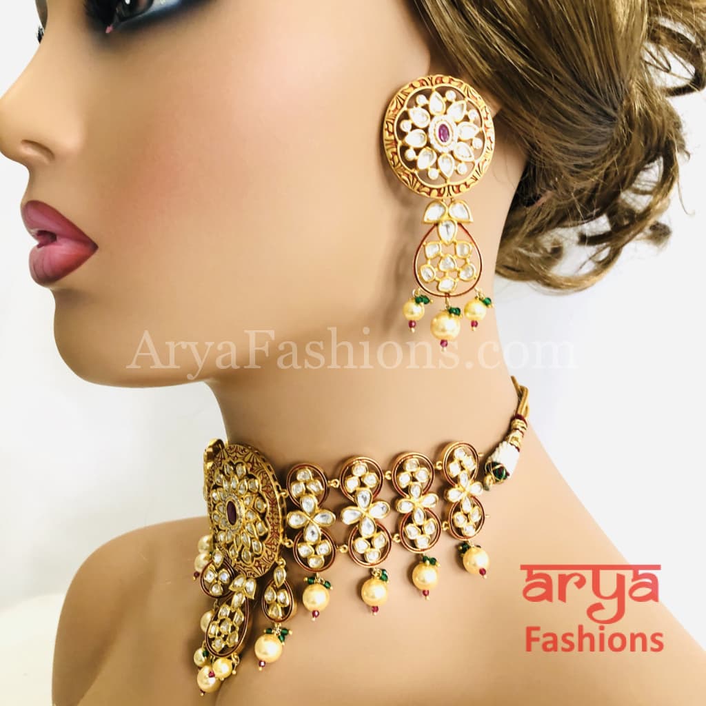 Bridal Pearl Kundan Choker Necklace in Geru Meenakari India Wedding Jewelry