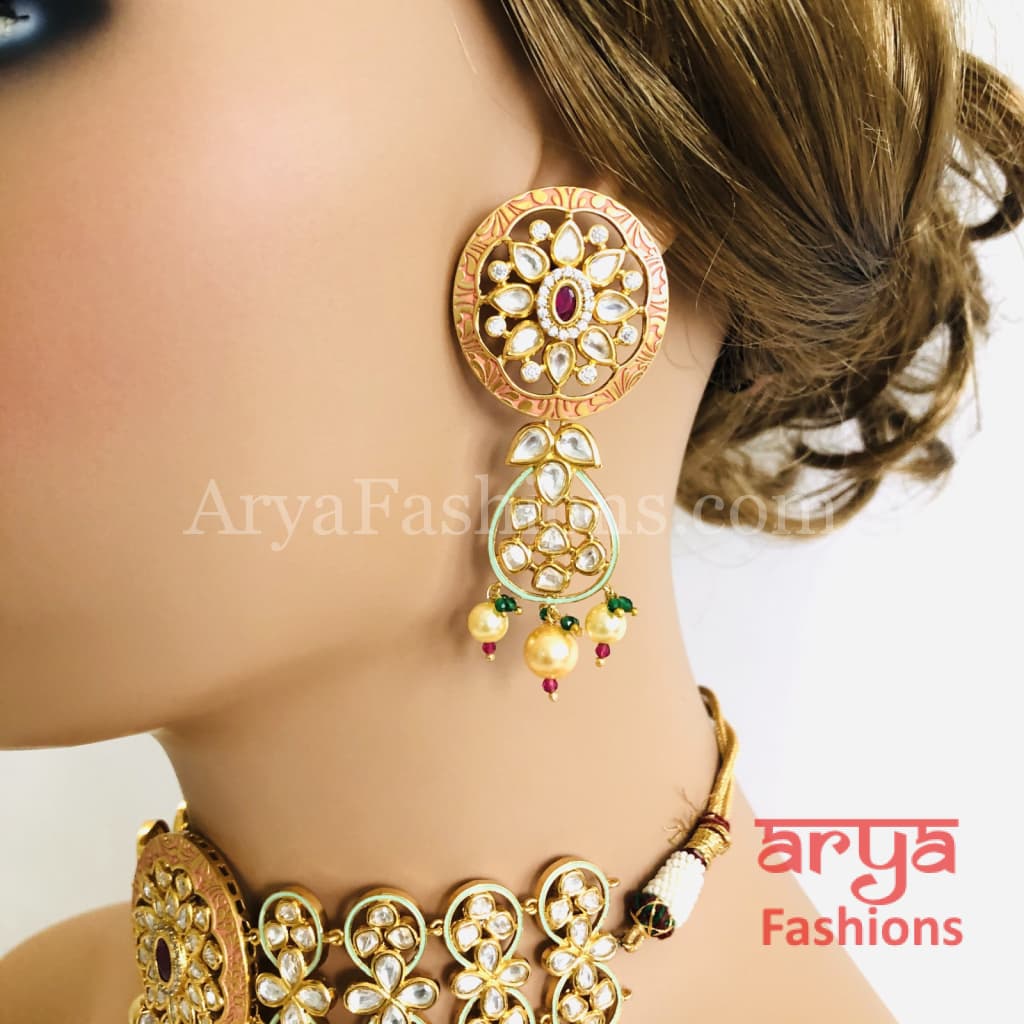 Bridal Pearl Kundan Choker Necklace in Geru Meenakari India Wedding Jewelry