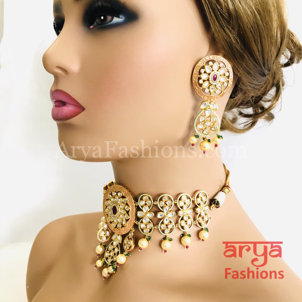 Bridal Pearl Kundan Choker Necklace in Geru Meenakari India Wedding Jewelry
