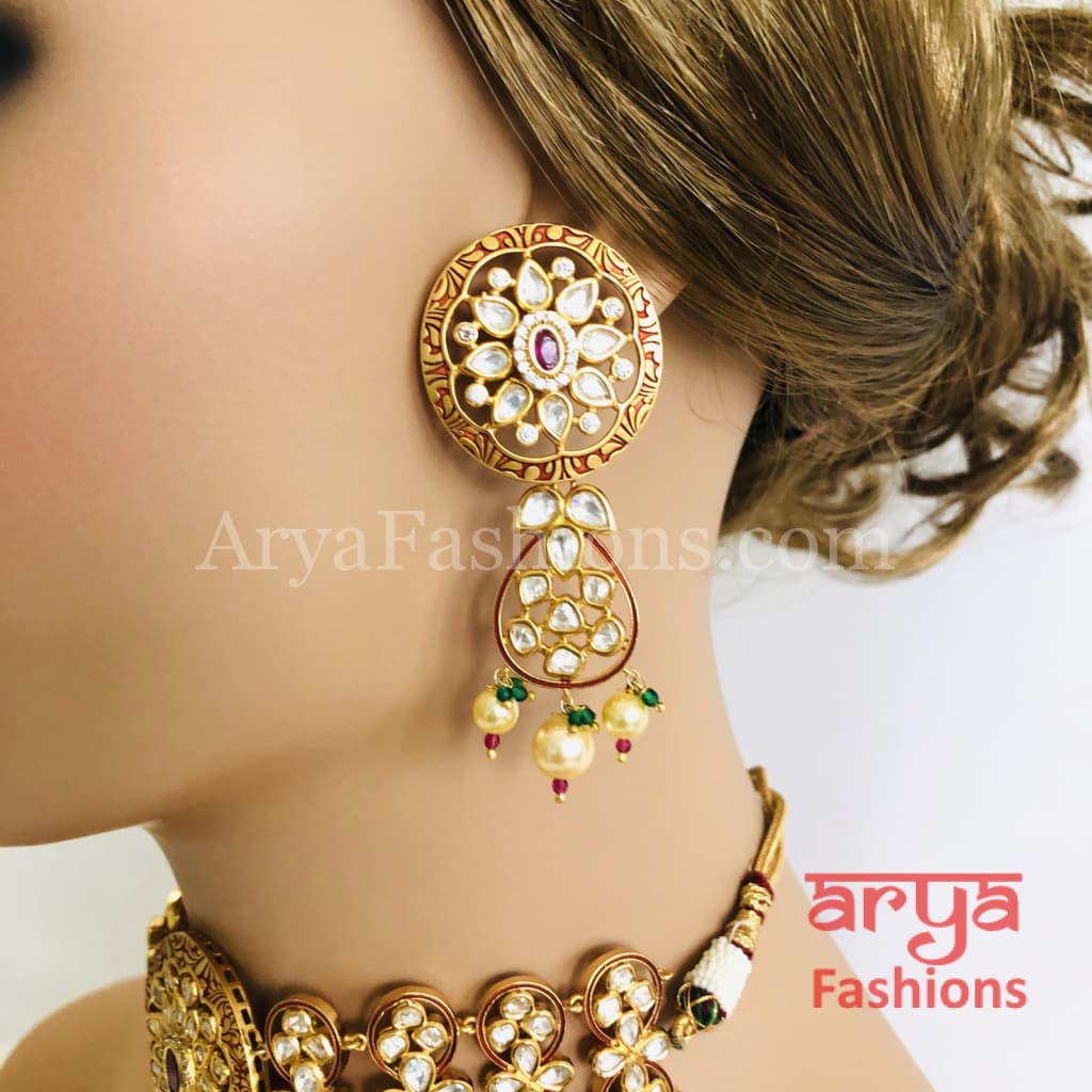 Bridal Pearl Kundan Choker Necklace in Geru Meenakari India Wedding Jewelry