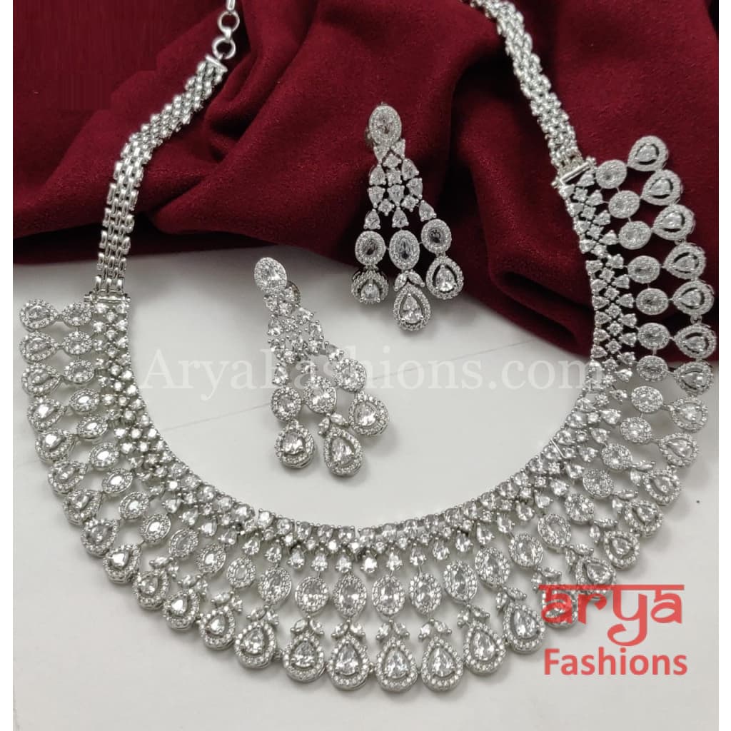 Bridal Silver CZ Necklace with designer Earrings