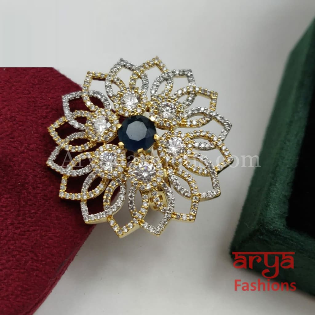 Chitra Golden Silver CZ Cocktail Ring with Moissanite Stones