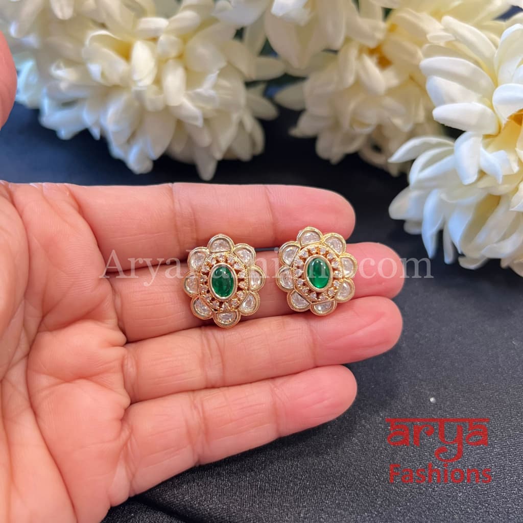 Classic Kundan Stud Earrings in Ruby Green Stones
