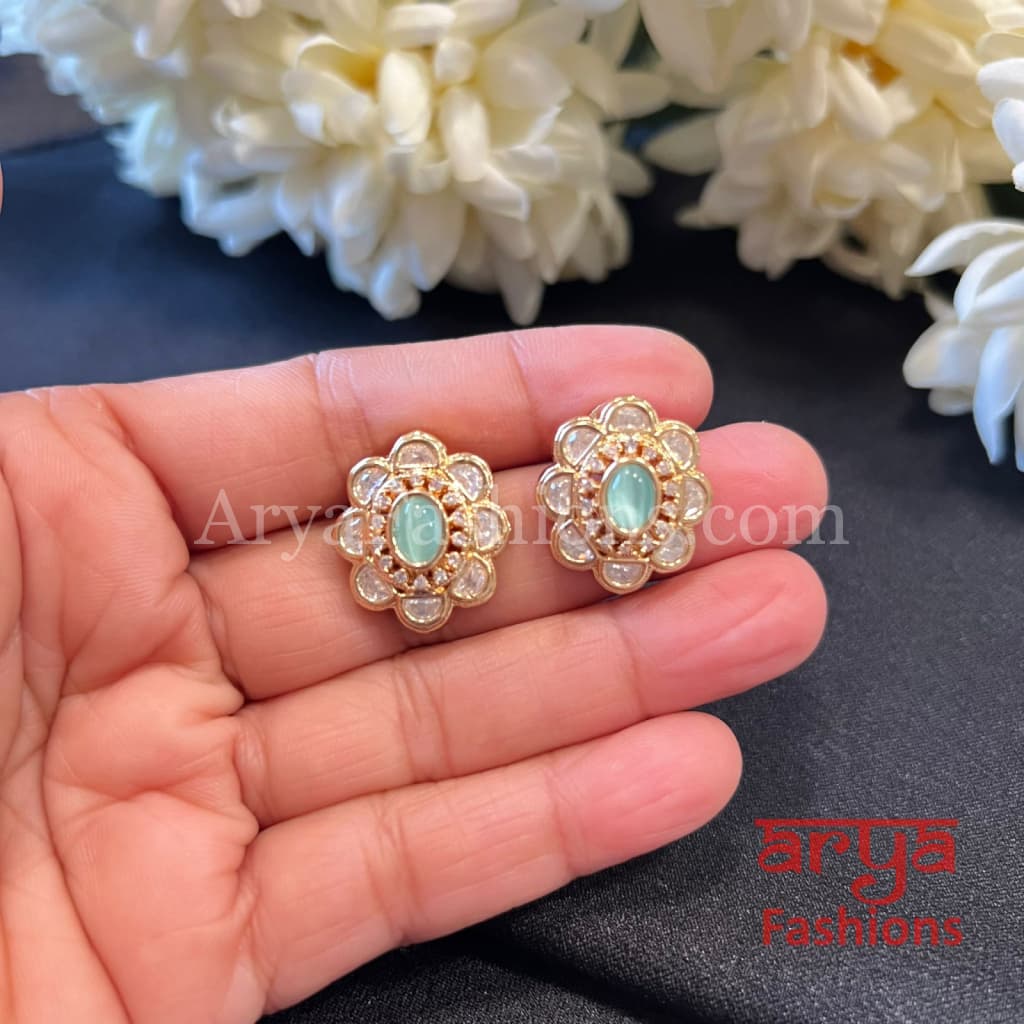Classic Kundan Stud Earrings in Ruby Green Stones
