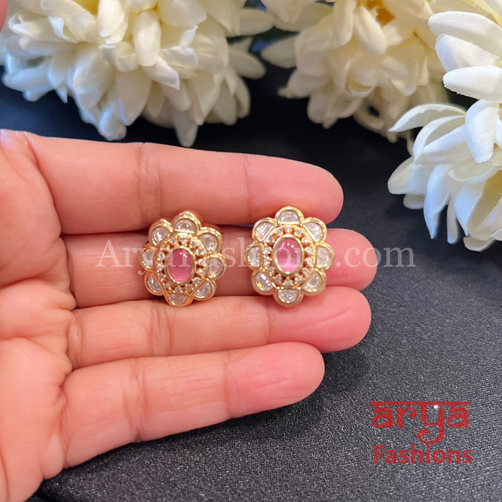 Classic Kundan Stud Earrings in Ruby Green Stones