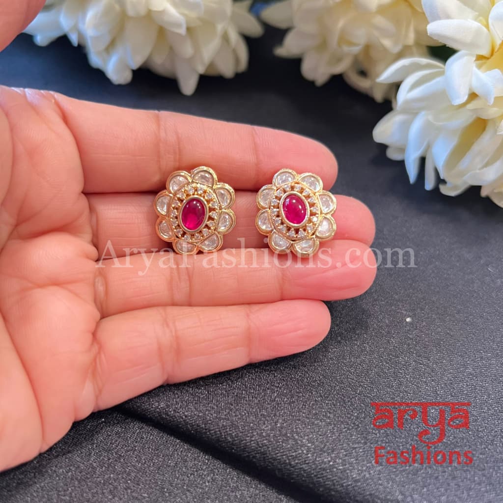 Classic Kundan Stud Earrings in Ruby Green Stones