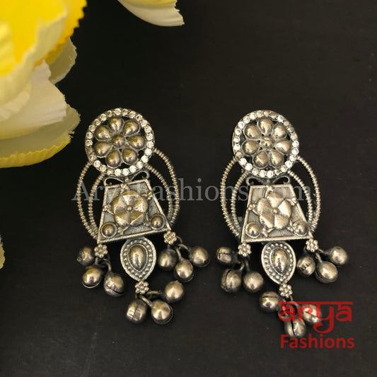 CZ Oxidized Silver Tribal Chandbali / German Ethnic Earrings