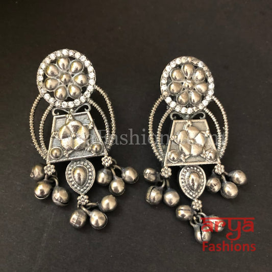 CZ Oxidized Silver Tribal Chandbali / German Ethnic Earrings