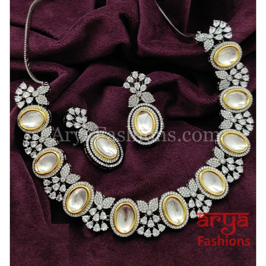 Designer Bridal Big Kundan CZ Necklace with Cocktail earrings