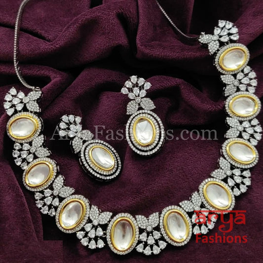 Designer Bridal Big Kundan CZ Necklace with Cocktail earrings