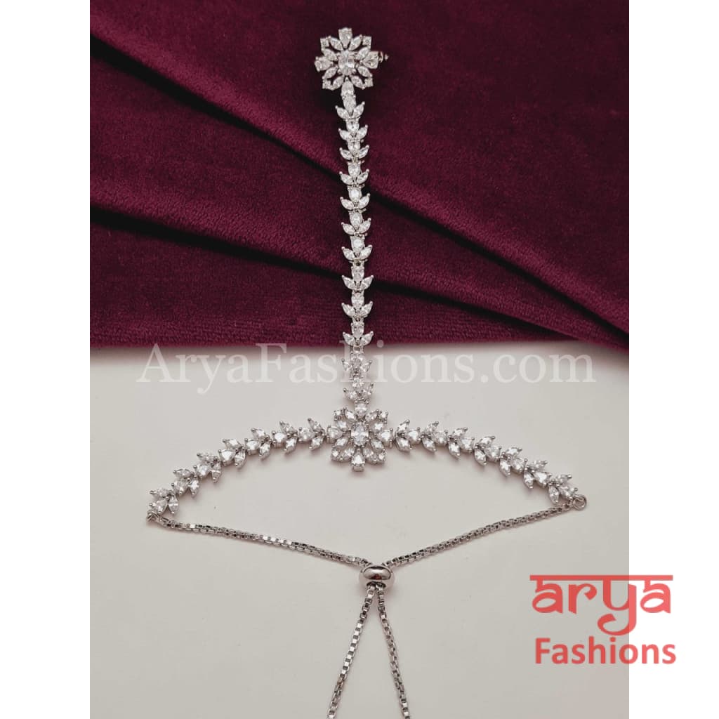 Designer Hathphool/ Silver Cubic Zirconia Bridal Hand Bracelet pair