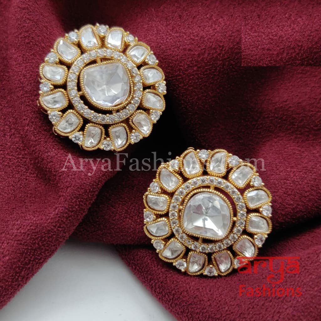 Designer Polki Kundan Round Stud Earrings with Ring Combo Set