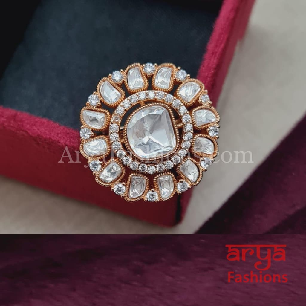 Designer Polki Kundan Round Stud Earrings with Ring Combo Set