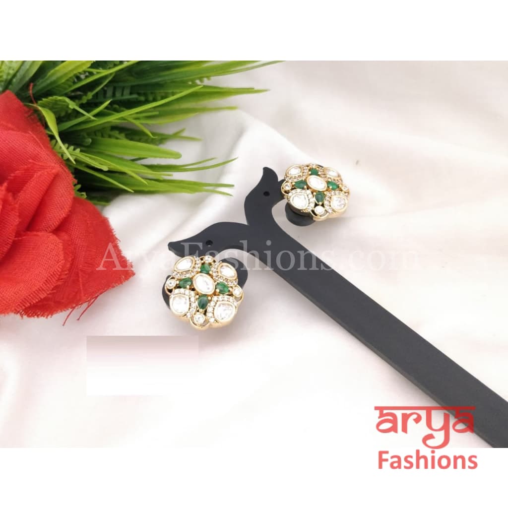 Emerald Ruby Kundan CZ Studs Everyday Earrings