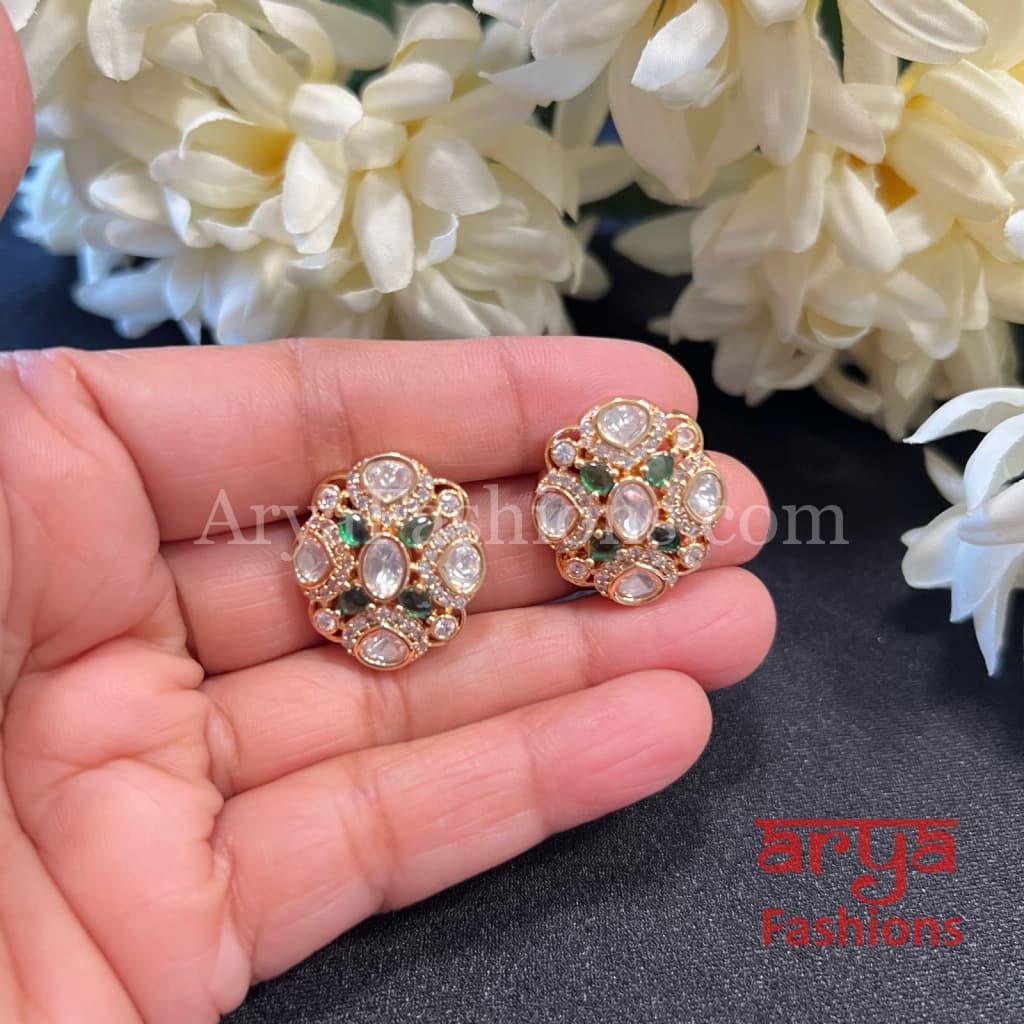 Emerald Ruby Kundan CZ Studs Everyday Earrings