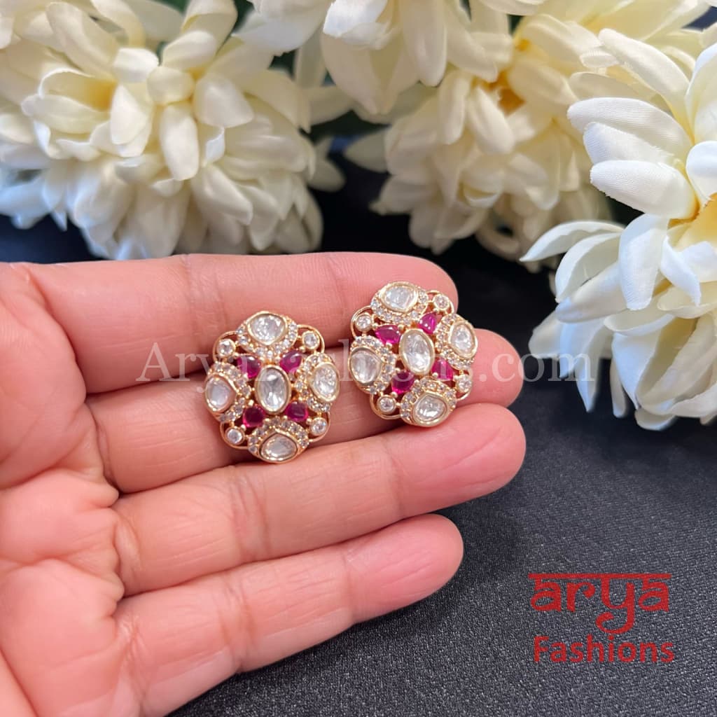 Emerald Ruby Kundan CZ Studs Everyday Earrings