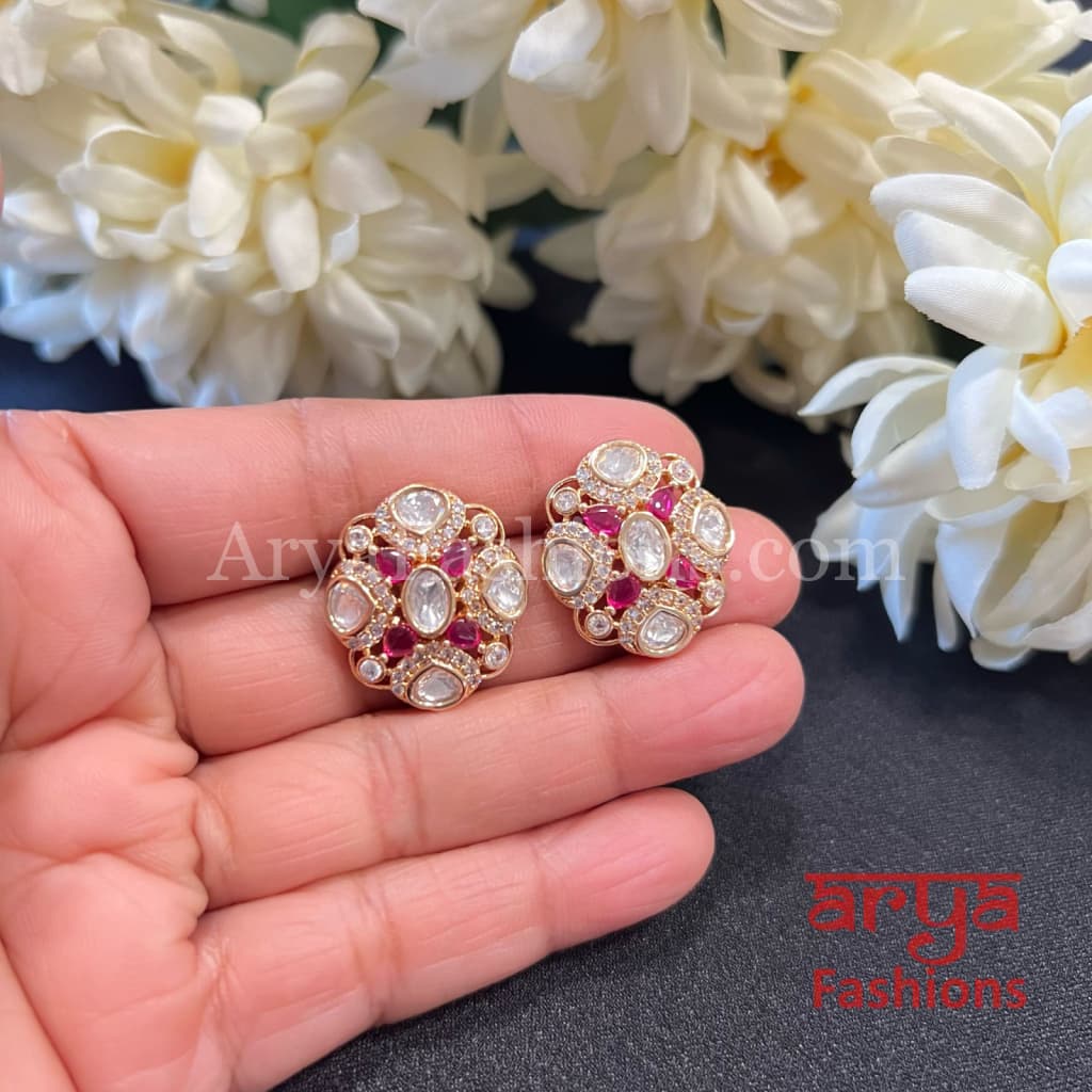 Emerald Ruby Kundan CZ Studs Everyday Earrings