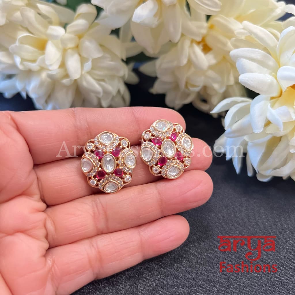 Emerald Ruby Kundan CZ Studs Everyday Earrings