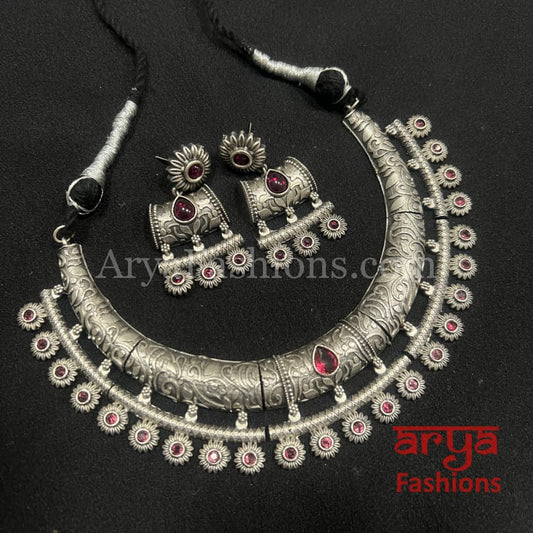 Ethnic Oxidized Silver Tribal Hasli Necklace