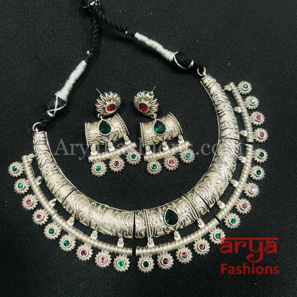 Ethnic Oxidized Silver Tribal Hasli Necklace