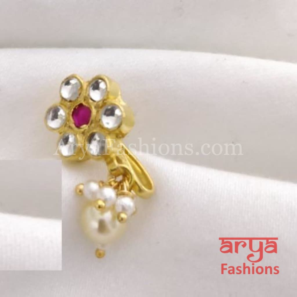 Flower Pacchi Kundan Nose Clip/ CZ non piercing nose ring/ Bridal Nosepin