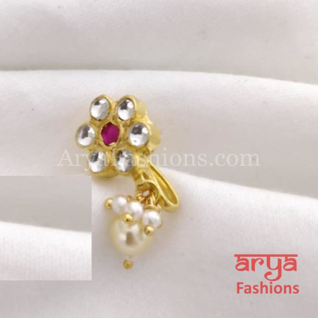 Flower Pacchi Kundan Nose Clip/ CZ non piercing nose ring/ Bridal Nosepin